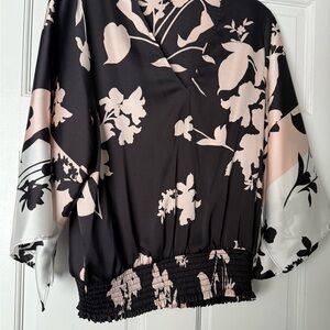 White House Black Market Black and Pink Floral Blouse
